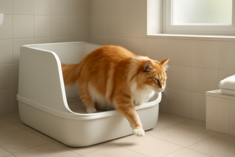Grote Maine Coon kat stapt in een ruime XXL kattenbak in een schone badkamer