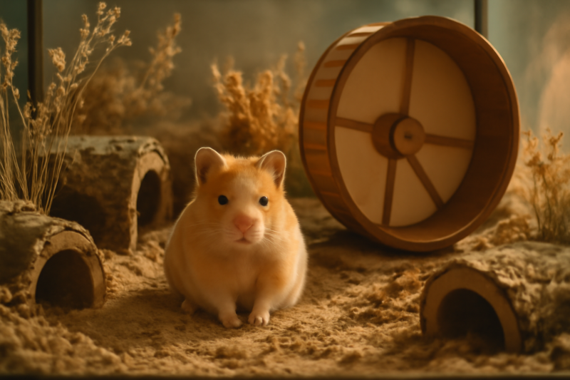 Goudhamster in een ruim naturalistisch terrarium met diep strooisel en loopwiel