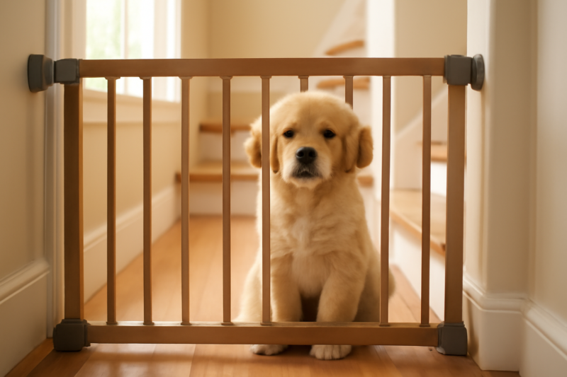 Hondenhek onderaan de trap met golden retriever puppy erachter in modern interieur