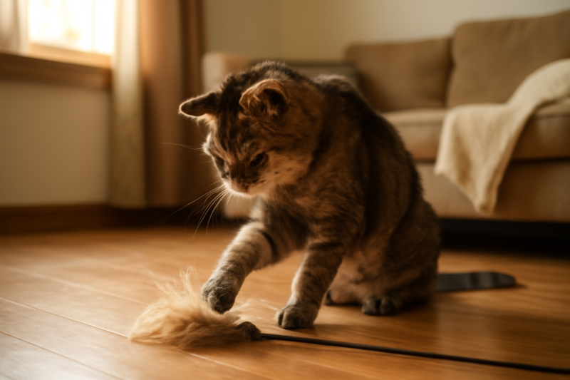 Oudere tabbykat speelt rustig met een veer hengelspeeltje op een houten vloer