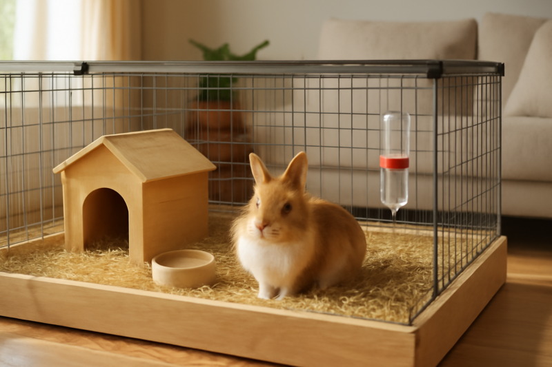 Ruim konijnenhok binnen ingericht met hooi, een houten huisje en drinkfles