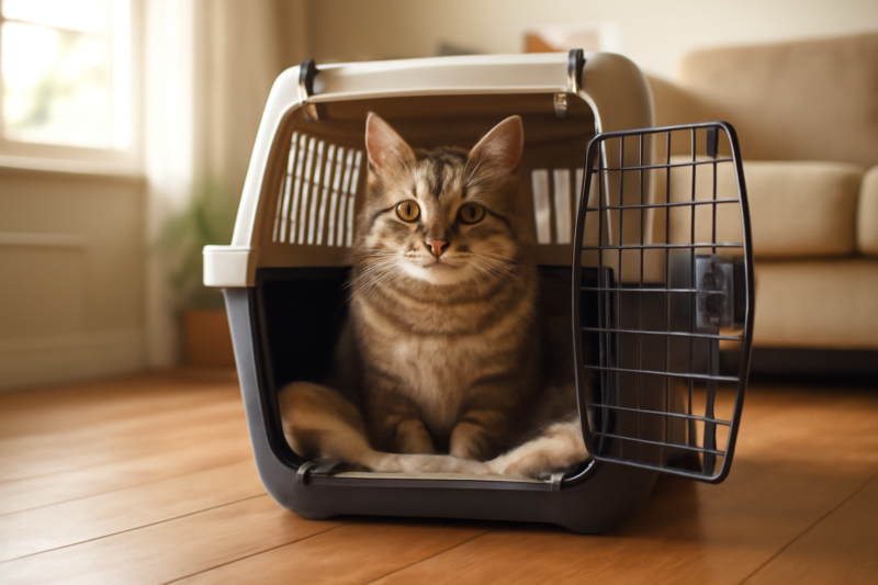 Kat zit rustig in een open reismand op de houten vloer van een woonkamer