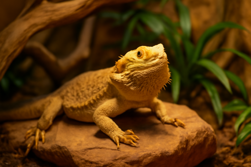 Baardagaam zit rustig op een steen in een naturalistisch ingericht terrarium