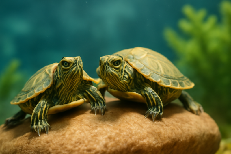 Twee waterschildpadden op een rots in een helder aquarium met waterplanten