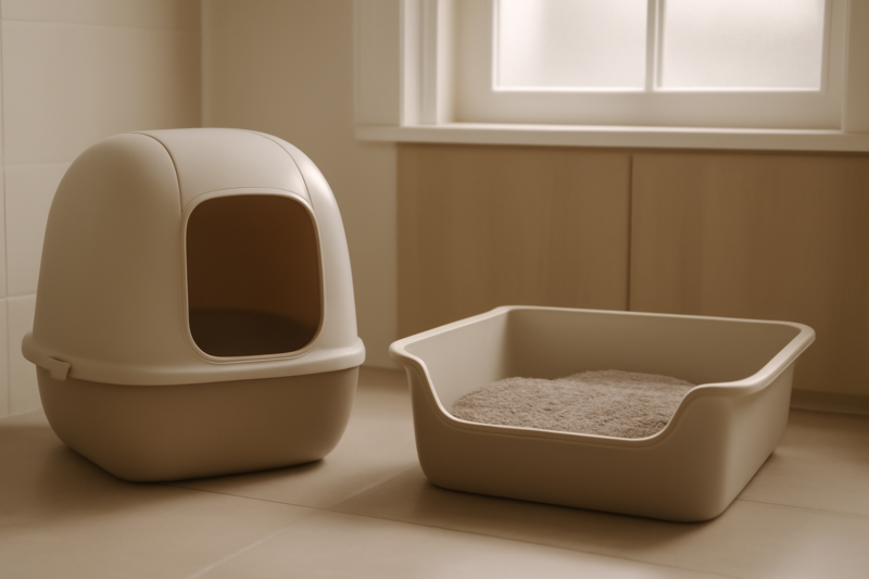 XXL kattenbak met deksel naast een open kattenbak in een moderne badkamer