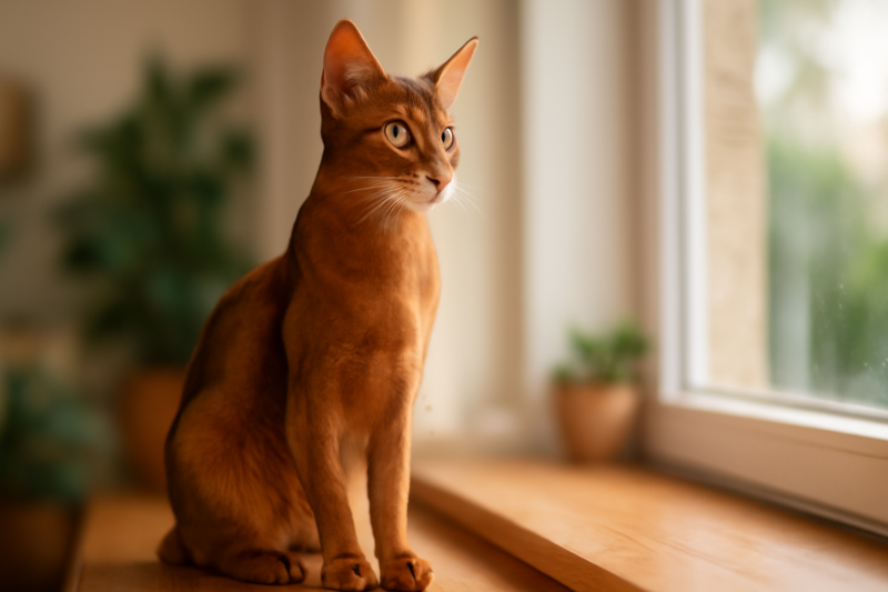Abessijn kat met warme tikking-vacht zit alert op een vensterbank in natuurlijk licht