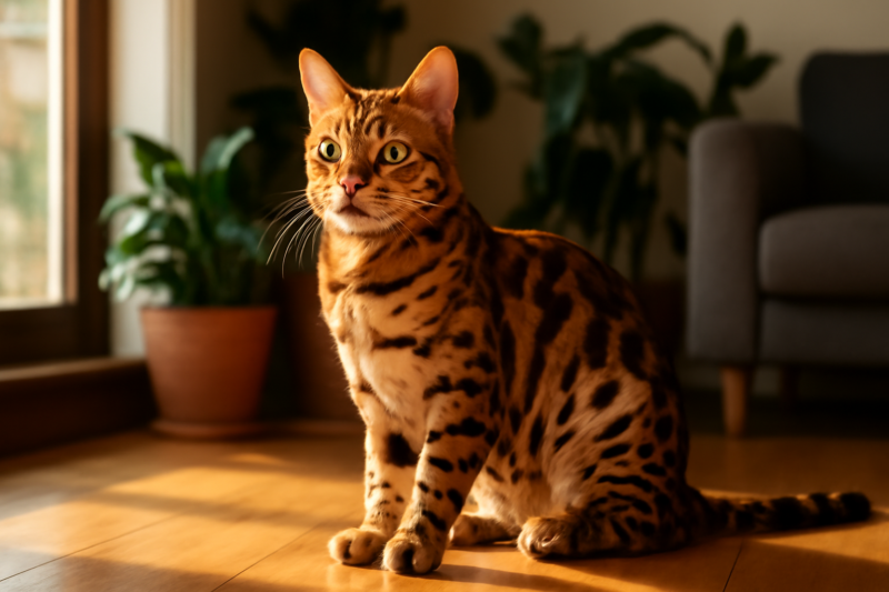 Bengaalse kat met gevlekte vacht zit alert bij een zonnig raam in een woonkamer