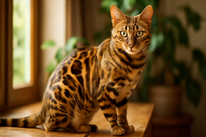 Bengaalse kat met gevlekte vacht zit op een houten ondergrond in warm zonlicht