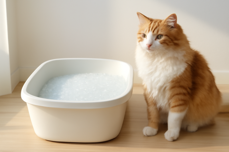 Oranje-witte kat naast een moderne kattenbak gevuld met glinsterende silica kristallen op een houten vloer