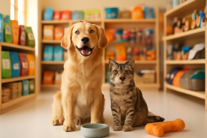 Interieur van een dierenwinkel met een golden retriever en een kat omringd door dierenbenodigdheden