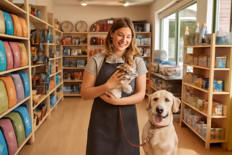 Vriendelijke medewerker in een dierenwinkel met een konijn in zijn armen en een hond aan de leiband