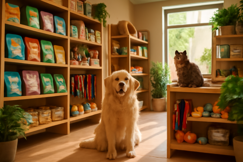 Gezellig interieur van een dierenwinkel met een hond en kat tussen kleurrijke huisdierproducten