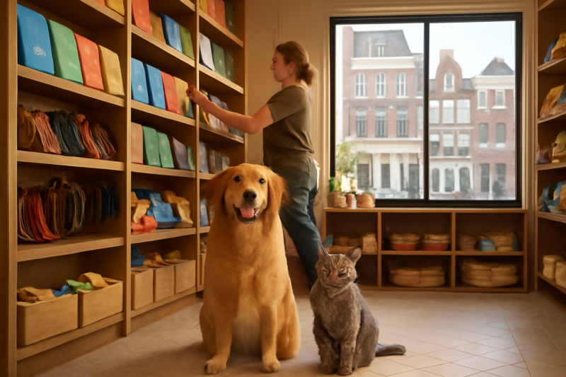 Gezellig interieur van een dierenwinkel met hond en kat op de voorgrond en gevulde schappen op de achtergrond