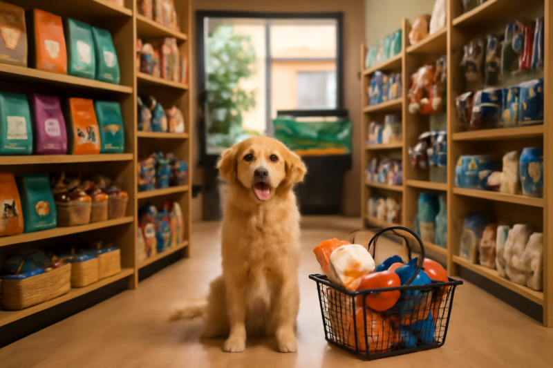 Gezellig ingerichte dierenwinkel met huisdierbenodigdheden, voer en speelgoed voor honden, katten en kleine dieren