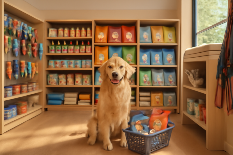 Gezellig interieur van een dierenwinkel met een golden retriever en een kat tussen kleurrijke huisdierproducten op verlichte rekken