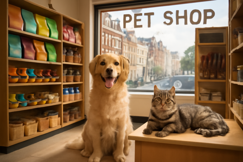 Moderne dierenwinkel met een golden retriever en een kat naast kleurrijke schappen met dierenbenodigdheden