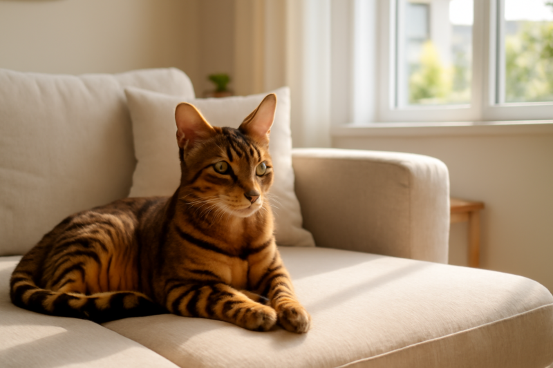 Kortharig exotisch kattenras rust ontspannen op een moderne bank in een lichte woonkamer