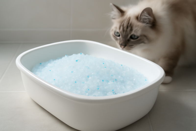 Kattenbak gevuld met glinsterende silica kristallen kattenbakvulling met een kat op de achtergrond