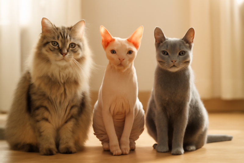 Drie hypoallergene kattenrassen naast elkaar: Siberisch, Sphynx en Russisch Blauw