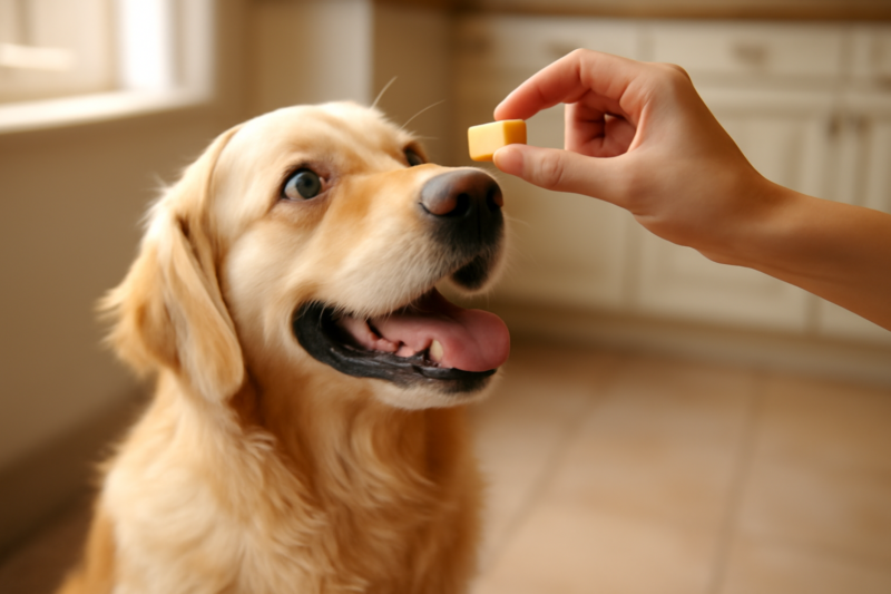 Vrolijke golden retriever kijkt verlangend naar een stukje kaas dat een hand omhoog houdt in een keuken