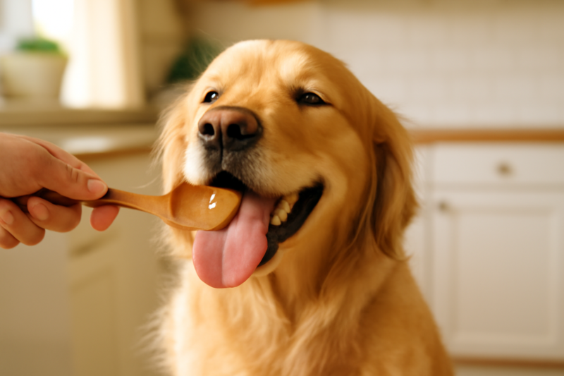 Vrolijke golden retriever die pindakaas likt van een houten lepel in een lichte keuken