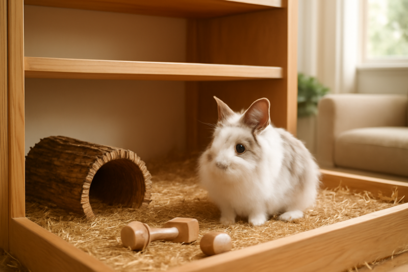 Konijnenhok binnen ingericht met hooi, speelgoed en een houten hut voor een konijn