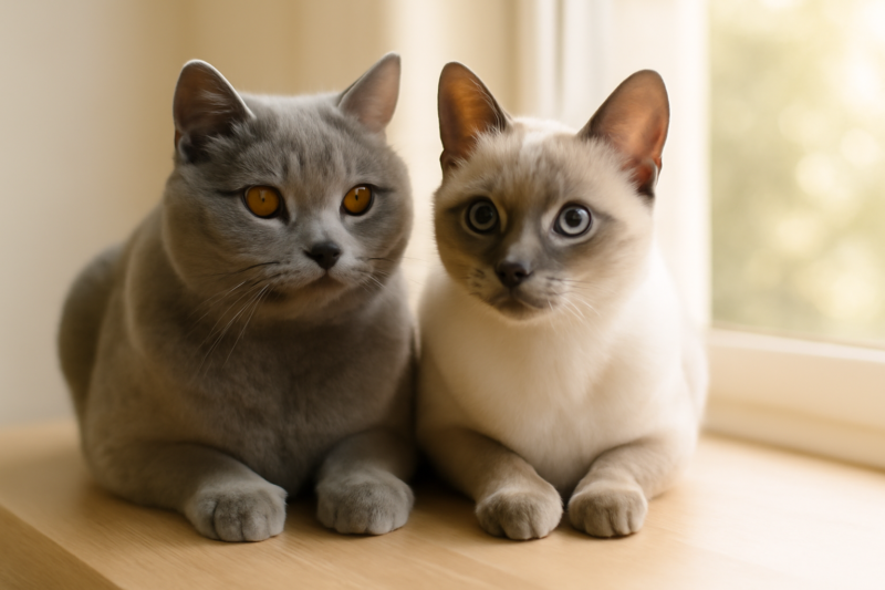 Twee kortharige kattenrassen, een British Shorthair en een Siamees, in warm licht