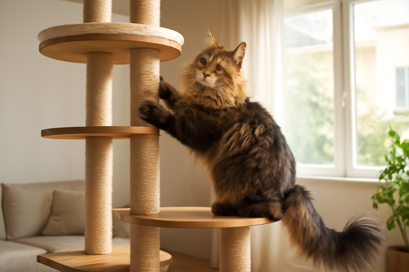 Grote Maine Coon kat klimt op een XXL krabpaal met sisal en houten platforms