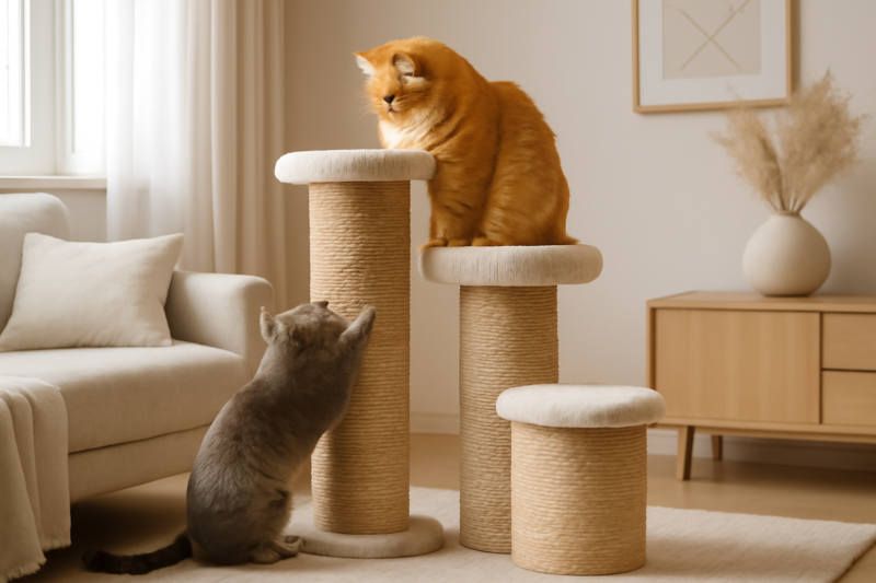 Twee sisal krabtonnen in een moderne woonkamer met een oranje en grijze kat die erop spelen en krabben