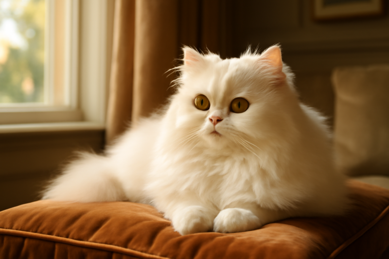 Witte Perzische kat met lange vacht rustend op een fluwelen kussen bij een raam