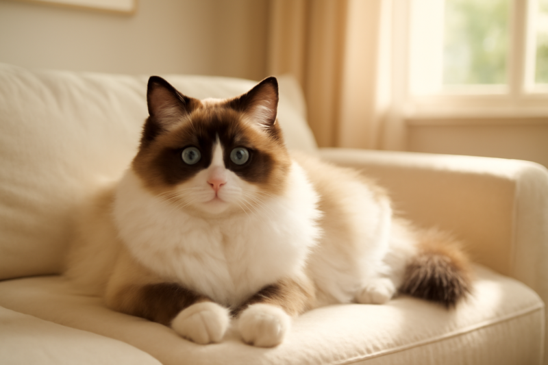 Ragdoll kat met blauwe ogen liggend op een zachte bank in een lichte woonkamer