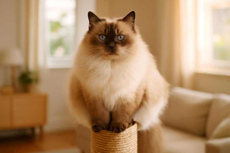 Grote Ragdoll kat met blauwe ogen zittend bovenop een hoge sisal krabpaal in de woonkamer