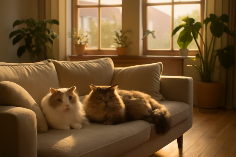Ragdoll en Siberische kat rusten samen in een licht en gezellig appartement