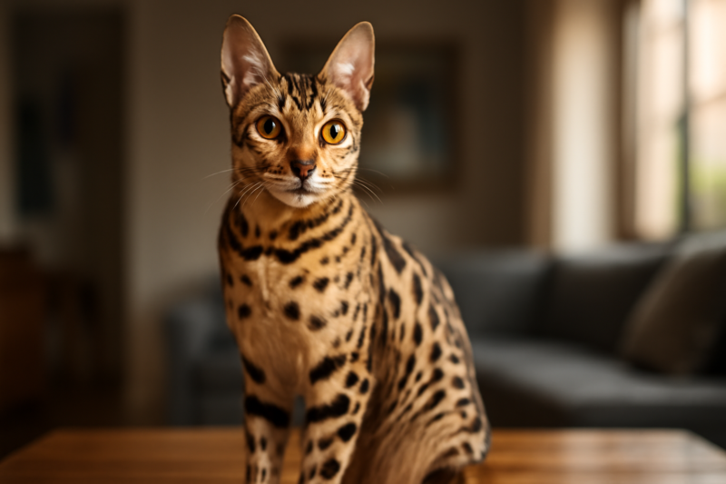 Savannah kat met gevlekte vacht en grote oren zittend in een moderne woonkamer