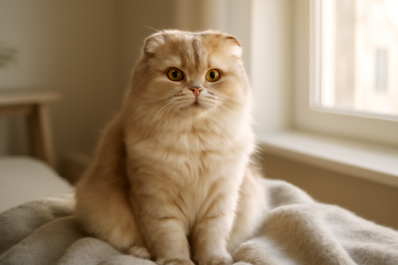 Scottish Fold kat met gevouwen oren zittend op een grijze deken in een gezellig interieur