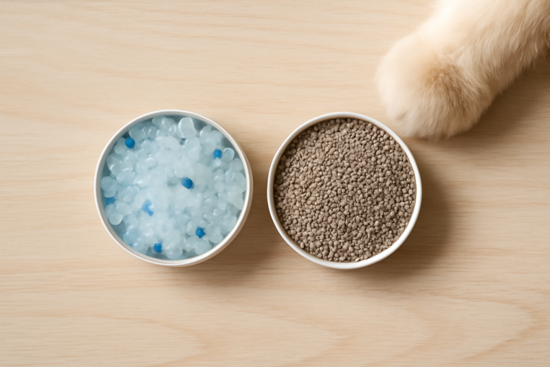 Vergelijking van silica kristalkorrels en traditionele kleikorrels kattenbakvulling naast elkaar in kleine bakjes