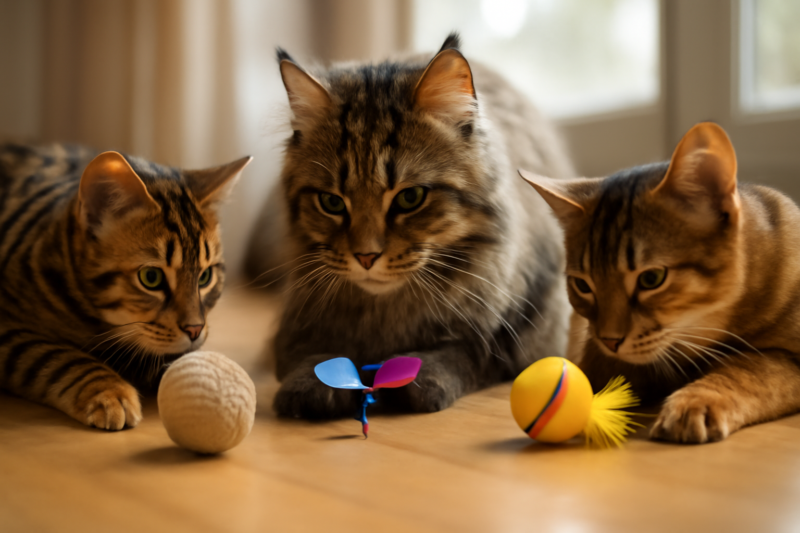Bengaal, Maine Coon en Abessijn spelen met speelgoed voor exotische katten