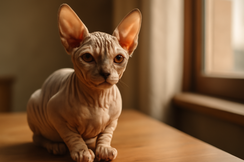 Haarloze sphynx kat zit rustig op een houten tafel in een warme huiselijke omgeving