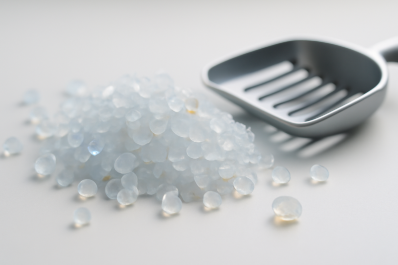 Doorzichtige silica gel kristallen voor kattenbakvulling op een witte ondergrond, glinsterende kralen in close-up met een metalen schepje