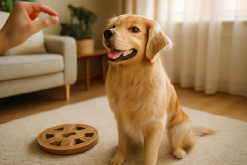 Hond doet mee aan beloningstraining met snacks en een denkspelletje