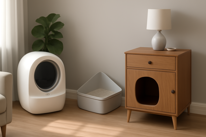 Vergelijking van zelfreinigende, hoek- en designkattenbakken in een moderne woonkamer