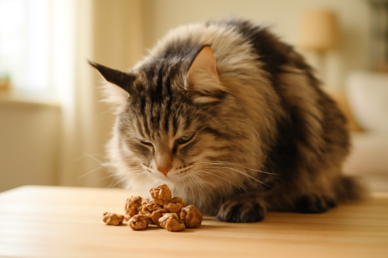 Grote Maine Coon kat ruikt aan natuurlijke kattensnacks op een houten tafel