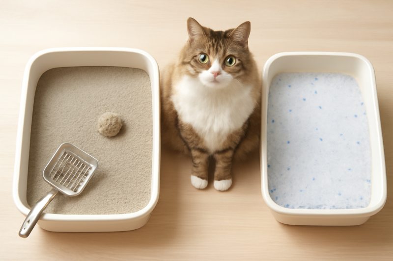Twee kattenbakken naast elkaar met klonterende en niet-klonterende vulling, met een kat ertussen