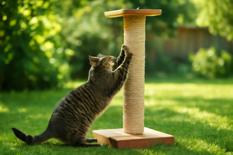 Een kat die buiten in de tuin krabt aan een stevige sisal krabpaal van hardhout op een zonnige dag