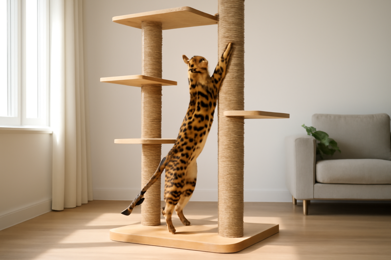 Bengaalse kat klimt en krast op een grote robuuste sisalkrabpaal met meerdere platforms in een lichte woonkamer