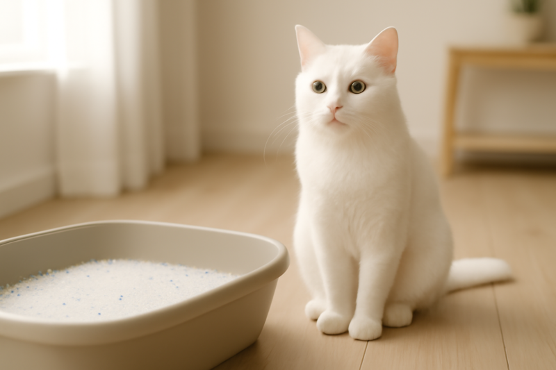 Witte kat naast een kattenbak gevuld met silica kristallen in een lichte woonruimte
