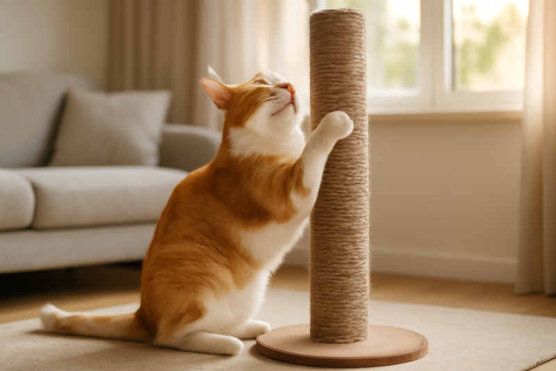 Kat die zich uitstrekt en krabt aan een stevige naturel sisalpaal in een lichte woonkamer