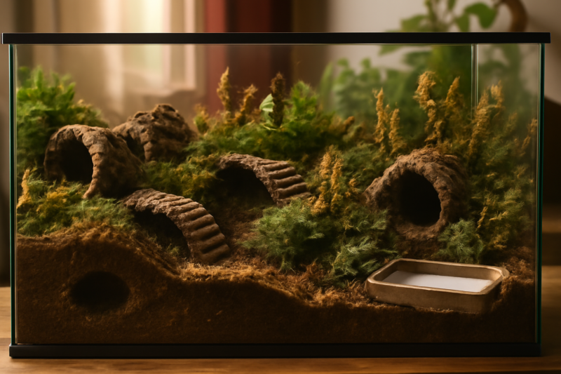 Creatief ingericht hamsterverblijf met natuurlijke materialen, kurk en zand