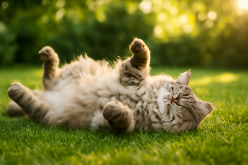 Kat rolt op zijn rug in het groene gras in de tuin op een zonnige dag