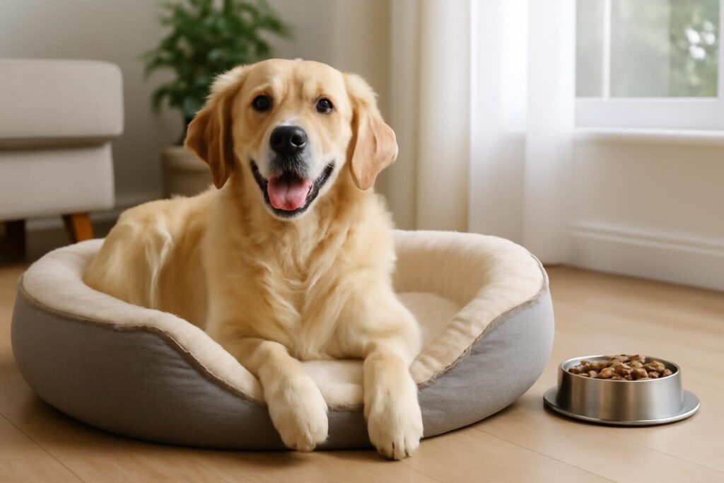 Hond ligt in een hondenmand naast een voerbak in de woonkamer